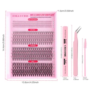 DIY eyelash extension kit with 400 clusters, bond and seal glue, pink tweezers and brush