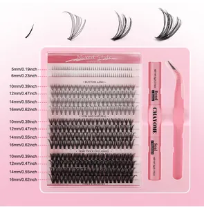 Detail of DIY individual lash cluster kit including lashes, pink glue and tweezers