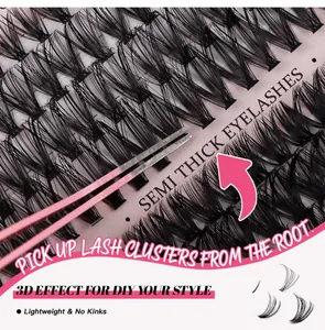 Macro detail showing pink tweezers picking up 3D individual lash clusters from the root