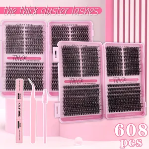 Kit de faux cils DIY détaillé avec 608 pièces, colle, scellant, pince et brosse rose