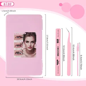 DIY eyelash extension kit dimensions with pink storage box tweezers and bond and seal glue