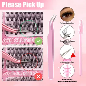 Detailed view of pink tweezers and lash brush for individual cluster application