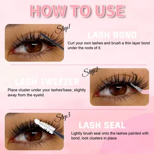 Three-step eyelash DIY guide featuring adhesive, tweezers, and sealer for dense lashes
