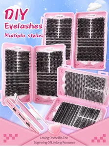 Detailed DIY eyelash extension kit including clusters, bond and seal glue, and tweezers