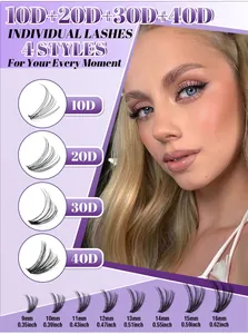 Size chart showing 10D to 40D cluster lashes with lengths from 9mm to 16mm for extensions