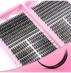 Close-up of curly cluster eyelashes in pink case showing 30D and 100D volume details
