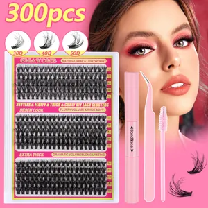 Macro shot of 300pcs cluster lashes kit with bond, seal, tweezers and brush