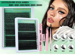 DIY eyelash extension kit with 30D-100D volume clusters, pink glue, and tweezers