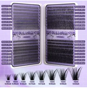 Detail of DIY individual lash clusters set with 8 sizes from 9mm to 16mm D curl lashes