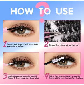 Step-by-step DIY lash cluster application guide showing bond, seal, and tweezers use