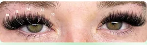 Detail of C curl DIY cluster lashes showing 10-16mm length mapping on human eye