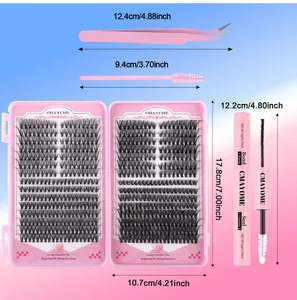 DIY eyelash extension kit with D-curl clusters, tweezers, brush, and bond & seal glue