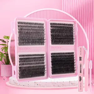 DIY eyelash extension kit with D-curl clusters, bond and seal, tweezers, and brush