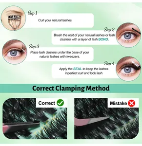 Tutorial showing four-step application and correct tweezer usage for DIY cluster lashes