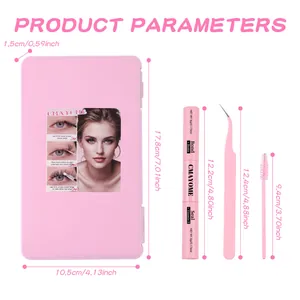 Lash extension kit with pink storage box, tweezers, double-ended glue and brush details