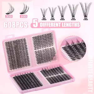 Set professionale 608 ciglia a ciuffetto D-curl con lunghezze naturali da 10-18mm