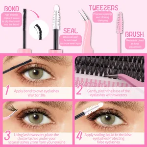 DIY eyelash extension kit showing application steps with bond, seal, and pink tweezers