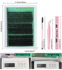 DIY eyelash extension kit with lashes, glue, tweezers and brush showing weight measurements