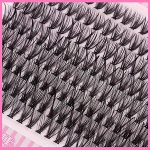 Macro view of individual black cluster eyelashes with natural D curl on a pink card