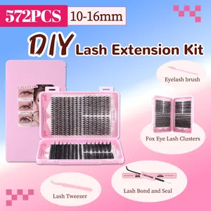 572PCS DIY Eyelash Extension Kit with Fox Eye clusters, Glue, Tweezers and Brush set