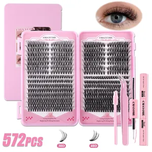 DIY cluster lash extension kit with pink case including 572pcs D-curl lashes and bond seal
