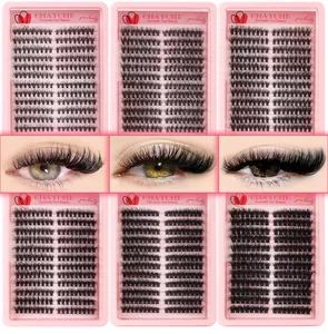 Detailed set of 6 boxes of segmented false eyelashes with professional eye makeup results