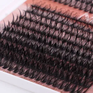 Macro detail of individual cluster false eyelashes with 8-16mm D-curl natural volume