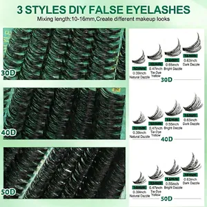 DIY eyelash extension kit with 30D/40D/50D natural lashes and size chart 10-16mm