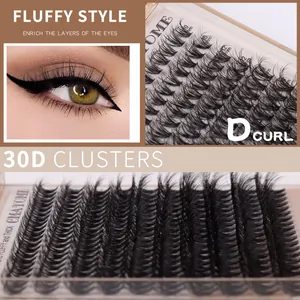 Macro detail of 30D D-curl cluster lashes with size markings on a transparent tray