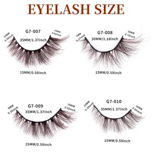 Size chart for 7 pairs of soft thick brown false eyelashes with precise measurements