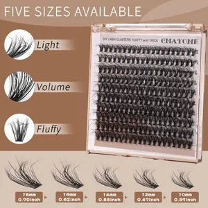 Detailed chart showing 10mm to 18mm lash clusters in light, volume, and fluffy styles
