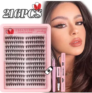 216PCS individual lash clusters set with pink tweezers and biotin-infused bond and seal glue