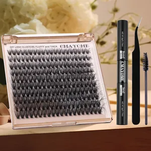 DIY eyelash extension kit featuring fluffy clusters, tweezers, brush, and 2-in-1 bond seal