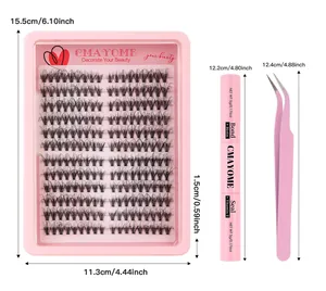 Detailed view of pink lash cluster kit with glue pen and tweezers including dimensions
