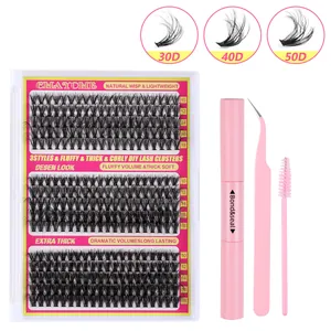 Wimperverlengingsset met 30D/40D/50D clusters, bond & seal lijm en een pincet