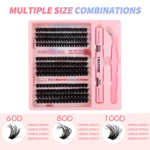 Detail of DIY eyelash cluster kit with pink glue and tweezers in various lash lengths