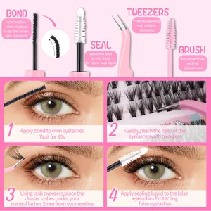 DIY eyelash extension kit with glue, tweezers, brush and thick cluster lashes