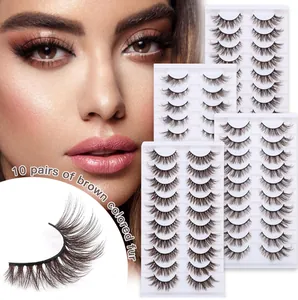 Macro detail of 10 pairs of voluminous brown false eyelashes with realistic curly texture