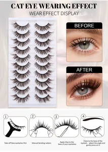 Detailed guide showing 10 pairs of cat eye false eyelashes with application steps