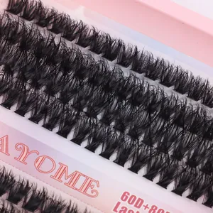 Detail of 60D and 80D cluster eyelash extensions set in pink packaging box
