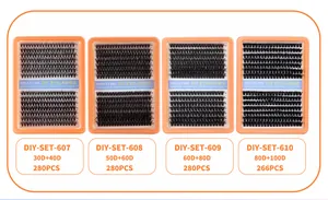 Detail view of DIY individual cluster eyelash sets with 30D to 100D volume and 10-20mm length