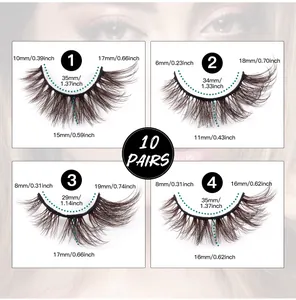 Detailed size chart for 10 pairs of brown false eyelashes showing lengths from 6mm to 19mm
