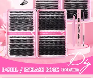 DIY cluster eyelash extension kit with D-curl lashes, pink tweezers, bond and seal duo