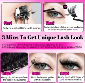 5-step DIY lash cluster application guide showing bond, seal, and tweezers technique