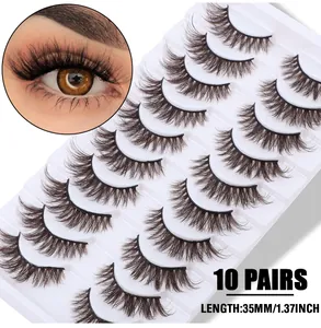 Detailed view of 10 pairs of brown false eyelashes featuring 35mm length and volume