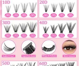 Detailed size chart for D curl cluster lashes showing 10D-60D density and 10-16mm length