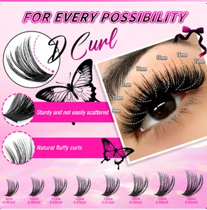 DIY cluster lashes size chart showing 9-16mm lengths with D curl natural volume effect