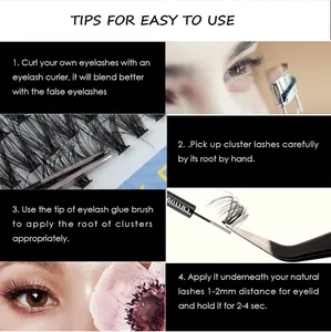 Four-step guide for applying individual cluster lashes with tweezers and glue brush