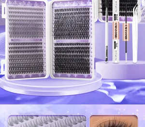 DIY individual eyelash cluster set with glue, tweezers and brush in purple packaging