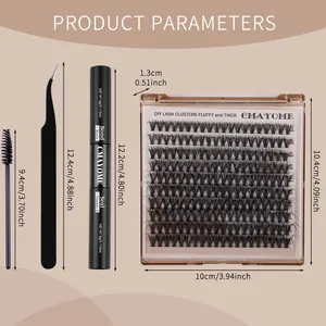 DIY cluster eyelash extension kit with glue, tweezers and brush on beige background
